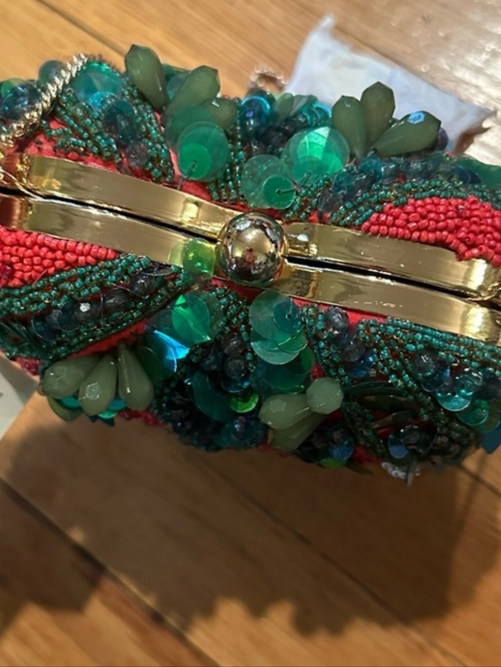 Handcrafted In India Beaded Strawberry Shape Evening Clutch -Red & Green Bnwt Eh - Picture 7 of 8